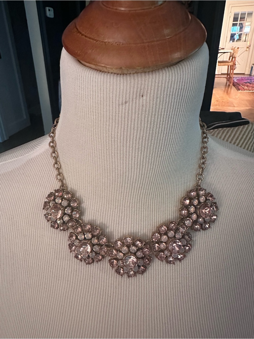 Blush & Pink Crystal Floral Cluster Necklace in Burnished Gold Setting
